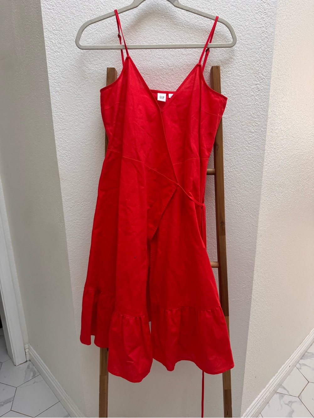 Gap Linen Cotton Blend Spaghetti Strap with Ruffle Hem and Wrap Style Dress S